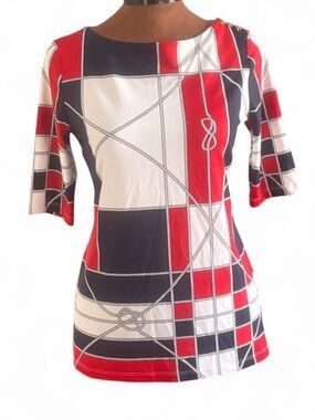 Charter Club Women’s Red, White & Navy Blue Geometric, Maritime Boatneck Top P/P